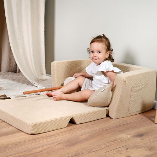 ספונת נפתחת מבד בוקלה עם כיס צידי לאחסון - בז' לייט