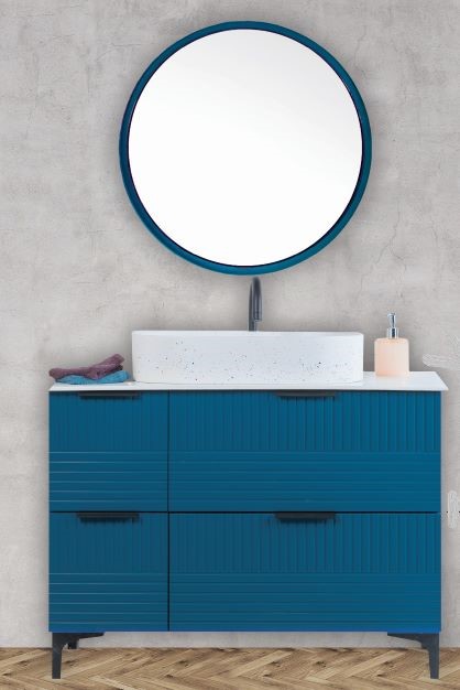 ארון אמבטיה אפוקסי עומד גל עם פלטה עליונה שיש יצוק קוריאן + כיור מונח לבן מבריק  