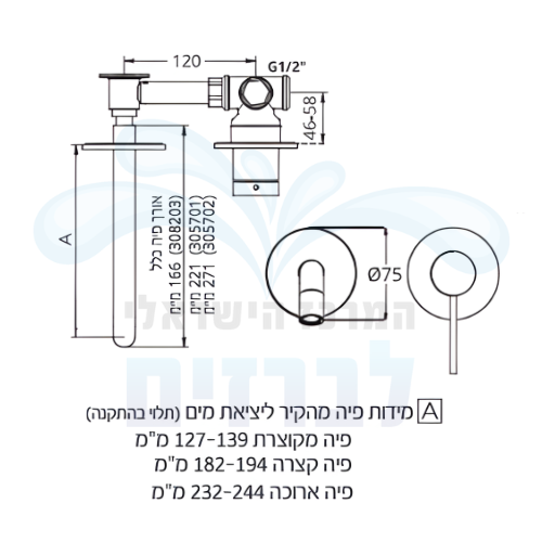 מידות ברז מהקיר פיה מקוצרת קומפלט לכיור רחצה אייס חמת 208011 + 308203 (סדרה חדשה) | שחור מט OP