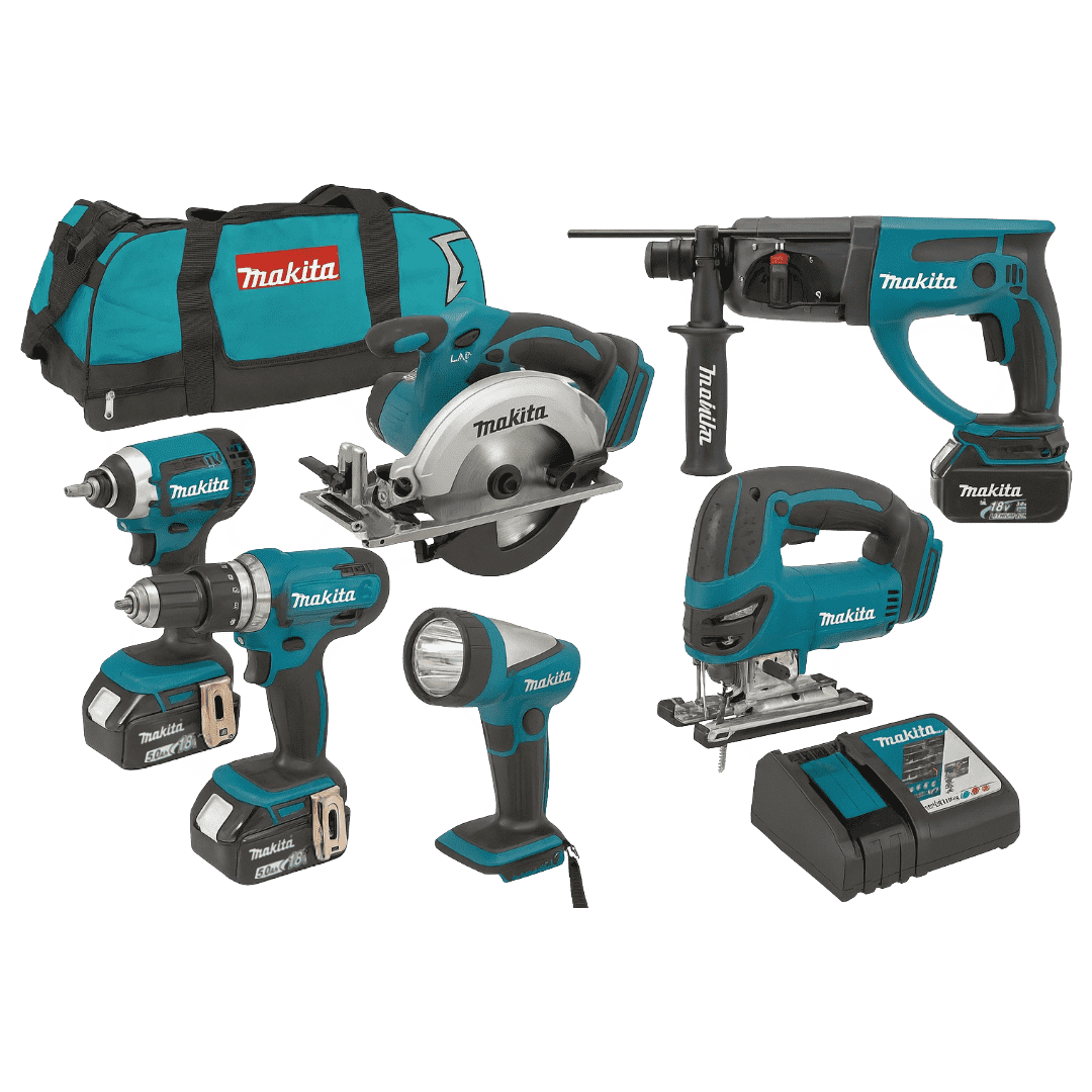סט 6 כלים 18V נטען  Makita DLX6068T מקיטה + מטען 3 סוללות 5A, מטען, ותיק טרולי מהודר + מתנה!!!