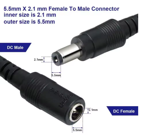 כבל מאריך DC זכר לDC נקבה 5.5X2.1MM PL באורך 5 מטר