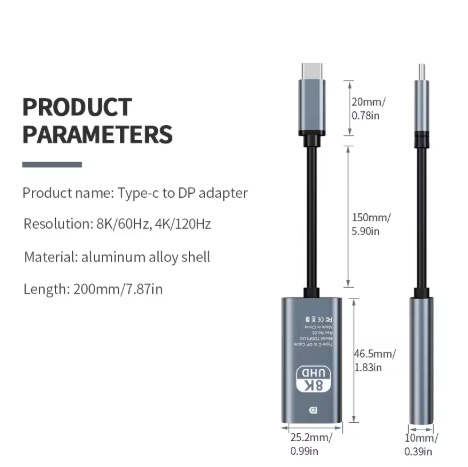 מתאם USB-C ל-DisplayPort 8K – מתאם Type-C זכר ל-DP נקבה באיכות פרימיום