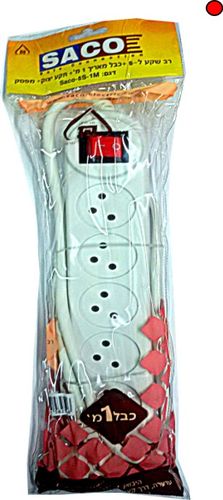 רב שקע ל-5 עם מפסק + כבל 1 מטר