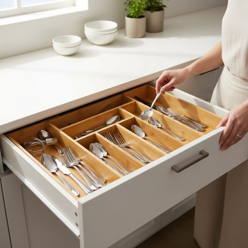ארגונית מגירה מתכווננת BAMBOO לסידור סכו״ם וכלי מטבח