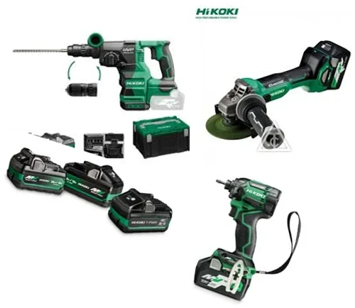 סט 36V HiKOKI KC36DSL5 כולל אימפקט, פטישון פוטר מתחלף ומשחזת זווית – עם 3 סוללות MULTI VOLT ומטען מהיר
