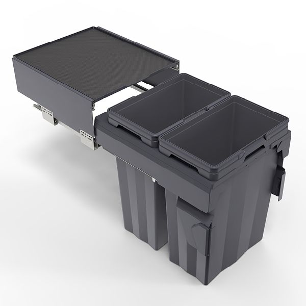 פח אשפה כפול נשלף עם בולם ומדף 66L (2X33L), חיבור לדופן ודלת, דגם PD540 גרפיט