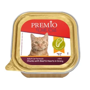 מעדן דליקט נתחים עם בקר ולבבות ברוטב 95 גרם לחתולים בוגרים פרמיו