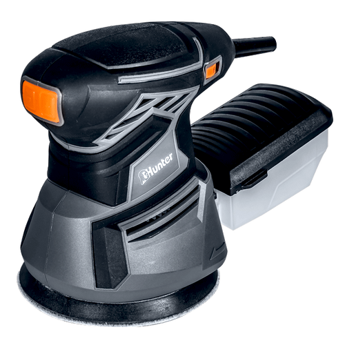 מלטשת אקצנטרית HUNTER 350W - כלי מקצועי עם עיצוב שחור ואפור, מיכל איסוף שבבים לבן שקוף, נקודת אחיזה עליונה ארגונומית, כפתור הפעלה כתום מגומי, פד ליטוש עגול 