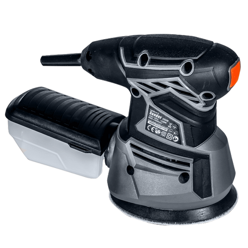 מלטשת אקצנטרית HUNTER 350W - כלי מקצועי עם עיצוב שחור ואפור, מיכל איסוף שבבים לבן שקוף, נקודת אחיזה עליונה ארגונומית, כפתור הפעלה כתום מגומי, פד ליטוש עגול 