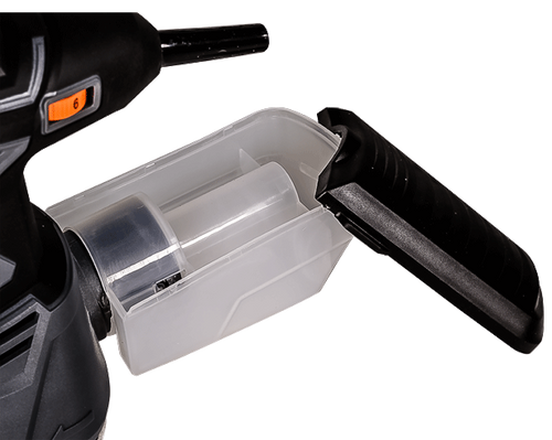 מלטשת אקצנטרית HUNTER 350W - כלי מקצועי עם עיצוב שחור ואפור, מיכל איסוף שבבים לבן שקוף, נקודת אחיזה עליונה ארגונומית, כפתור הפעלה כתום מגומי, פד ליטוש עגול 