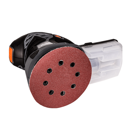 מלטשת אקצנטרית HUNTER 350W - כלי מקצועי עם עיצוב שחור ואפור, מיכל איסוף שבבים לבן שקוף, נקודת אחיזה עליונה ארגונומית, כפתור הפעלה כתום מגומי, פד ליטוש עגול 