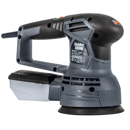 מלטשת אקצנטרית HUNTER 480W - כלי מקצועי עם עיצוב שחור ואפור, ידית אחיזה ארגונומית עליונה, תא איסוף אבק לבן שקוף, כפתור הפעלה כתום, פד ליטוש עגול 