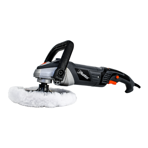 מלטשת פחחים/פולישר HUNTER 1200W - כלי מקצועי עם עיצוב שחור ואפור, פד ליטוש לבן 