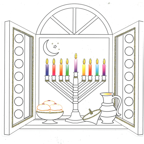 יצירה לצביעה חנוכיה על אדן החלון עם נצנצים