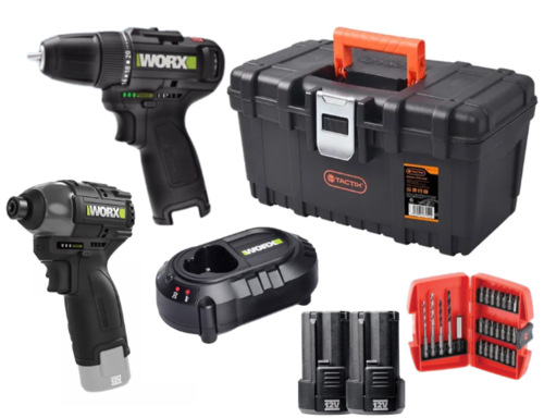 סט מברגות WORX 12V – אימפקט + מברגה/מקדחה + שתי סוללות 2Ah + מטען + סט אביזרים במזוודה