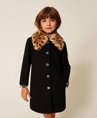 Girls' wool coat with animal print collar