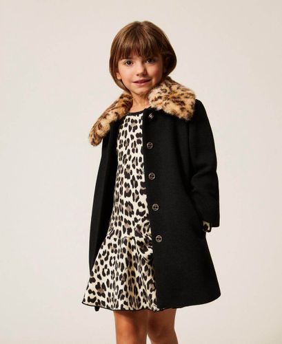 Girls' wool coat with animal print collar