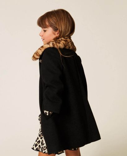 Girls' wool coat with animal print collar