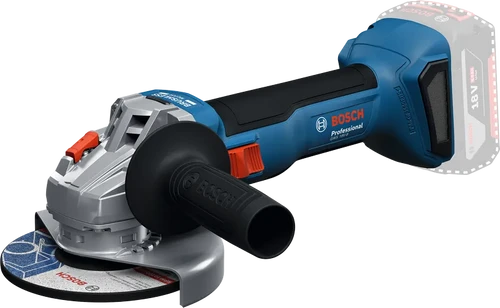 תקריב של משחזת זווית Bosch GWS 18V-8 Professional עם דיסק 125 מ״מ