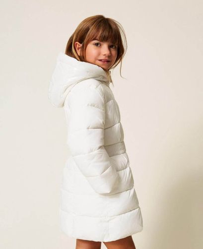 Girls' long puffer jacket with logo belt