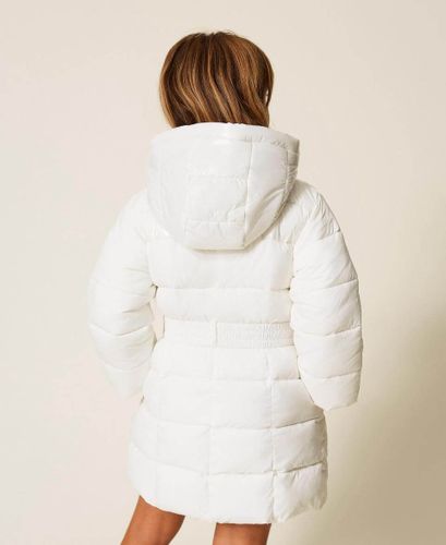 Girls' long puffer jacket with logo belt