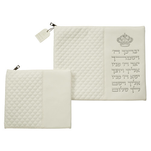 סט כיסוי לטלית ותפילין צבע לבן אותיות בולטות יברכך