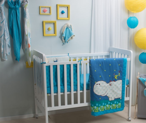סט מצעים 3 חלקים למיטת תינוק 100% כותנה סאטן - היפו כחול 1