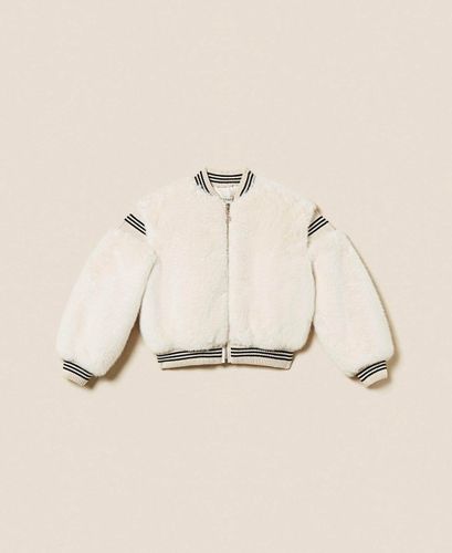 Faux fur bomber jacket with striped trims