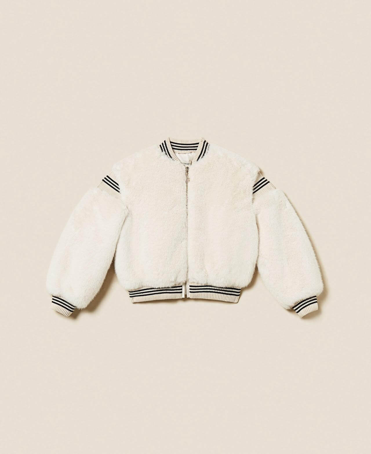 Faux fur bomber jacket with striped trims