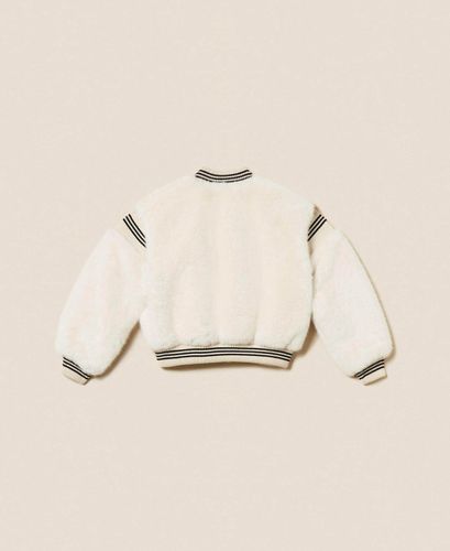 Faux fur bomber jacket with striped trims