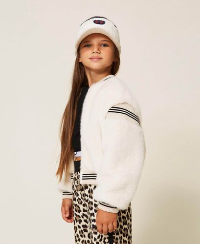 Faux fur bomber jacket with striped trims