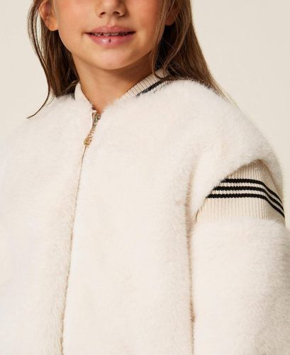Faux fur bomber jacket with striped trims