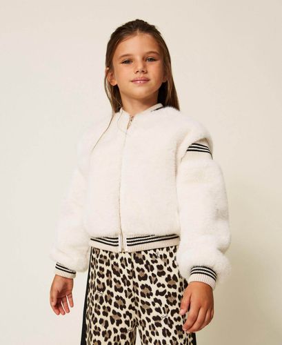 Faux fur bomber jacket with striped trims