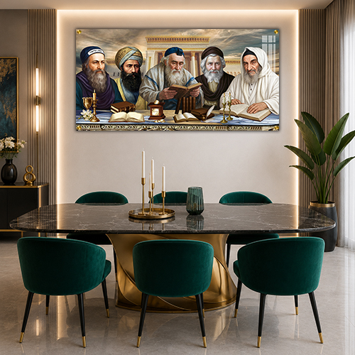 תמונות צדיקים מרשימה - בבא סאלי, האביר יעקב, רבי מאיר בעל הנס, הבן איש חי ורבי שמעון בר יוחאי על רקע בית המקדש זכוכית או קנבס