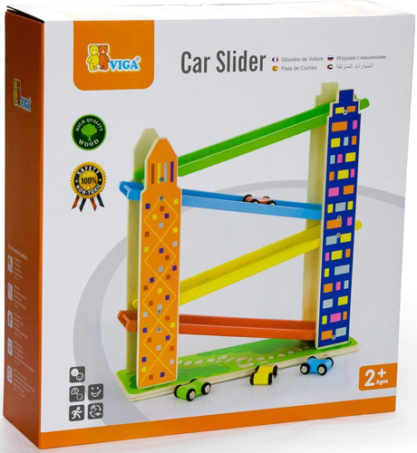 מסלול מגלשה למכוניות מעץ מלא + 4 מכוניות משחק 3