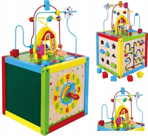 קוביית פעילות גדולה מעץ עם מבוך חרוזים, התאם צורה ושעון 4