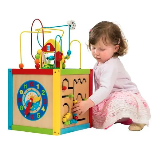 קוביית פעילות גדולה מעץ עם מבוך חרוזים, התאם צורה ושעון 5