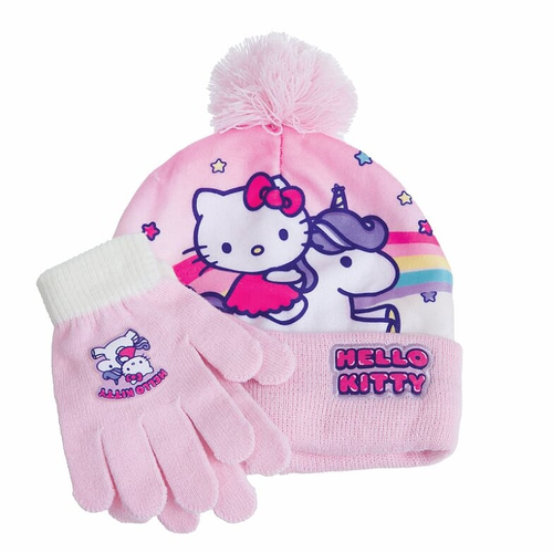 סט כובע וזוג כפפות לילדים לחורף, HELLO KITTY בעיצוב ורוד בהיר לגילאי 3-6 1