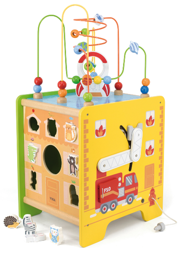 קוביית פעילות ענקית מעץ עם מבוך חרוזים, התאם צורה וכבאית 1