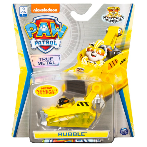 רכב מתכת צהוב מסדרת Mighty Pups עם גלגלים מסתובבים ודמות קטנה של ראבל 2