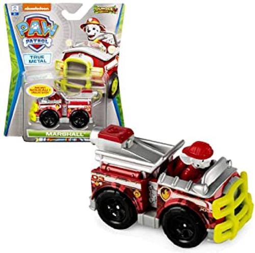 רכב מתכת אדום מסדרת Jungle Rescue עם  גלגלים מסתובבים ודמות קטנה של מארשל 2