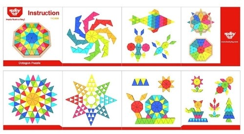 פאזל לוח עץ מתומן 64 חלקים צבעוניים וכרטיסיות לבניית מגוון צורות גיאומטריות   4
