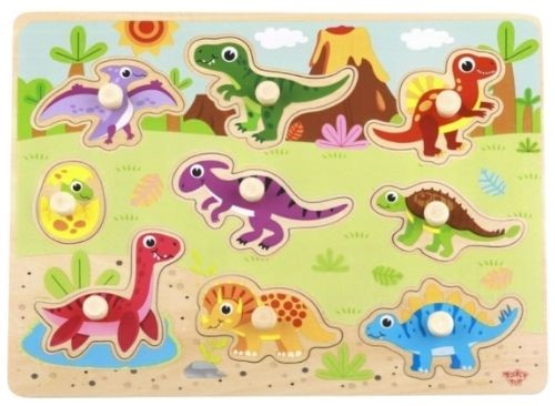 פאזל לוח עץ איכותי הכולל 10 חלקי תלת מימד נשלפים וצבעוניים - דינוזאורים  2