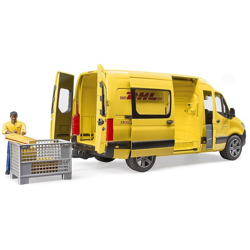 רכב משלוחים DHL מרצדס בנץ ספרינטר צהוב עם דמות ואביזרים 4