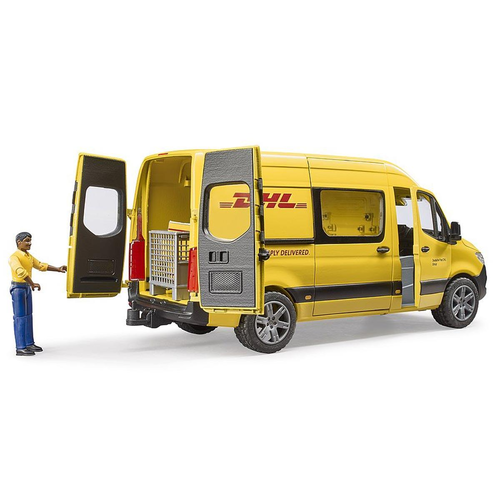 רכב משלוחים DHL מרצדס בנץ ספרינטר צהוב עם דמות ואביזרים 5