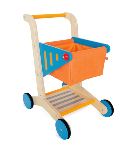 עגלת קניות / סופר לילדים מעץ מלא עם סל בד 1