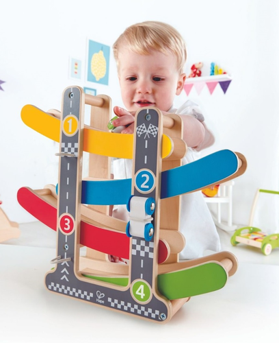 מדרון מכוניות מירוץ מעץ מלא + 3 מכוניות 4