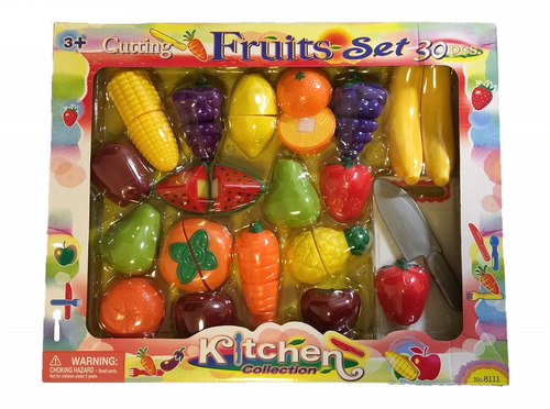 ערכת 18 פירות צבעוניים מפלסטיק המחוברים בסקוצ'ים, כולל סכין וקרש חיתוך 1