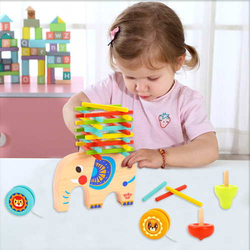 מארז משחקים מעץ 3 סביבונים, 2 צעצועי יויו, דמות פיל ומקלות צבעוניים לתרגול מיומנויות מוטוריות  2