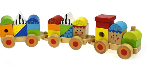 רכבת עץ בעלת 3 קרונות עם 23 אבני בניה במגוון צורות וצבעים עם חוט משיכה  1